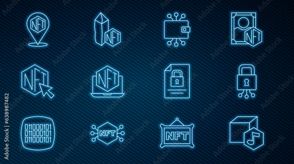 Set line NFT Digital crypto art, Cyber security, Cryptocurrency wallet, Laptop with store app, Document and lock and icon. Vector