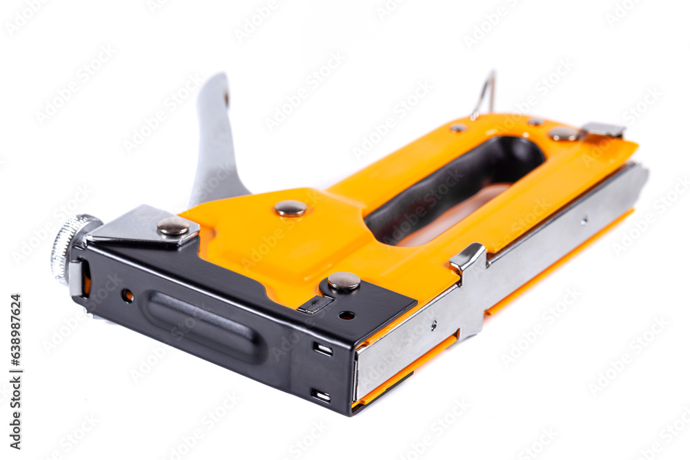 Industrial stapler for driving staples on a white background