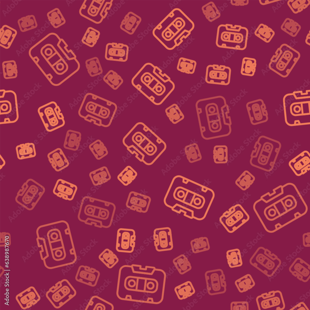 Brown line Retro audio cassette tape icon isolated seamless pattern on red background. Vector Brown line Retro audio cassette tape icon isolated seamless pattern on red background. Vector