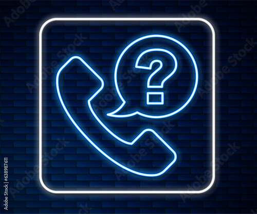 Glowing neon line Telephone 24 hours support icon isolated on brick wall background. All-day customer support call-center. Full time call services. Vector