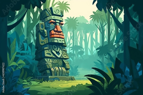 An ancient statue of a deity in the jungle.