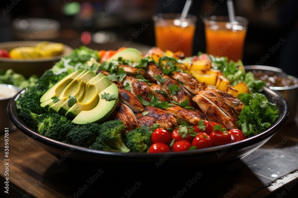 Colorful and balanced fitness meal with post-workout elements., generative IA