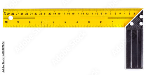 Canvastavla Yellow and black Metal construction square triangle ruler isolated on white