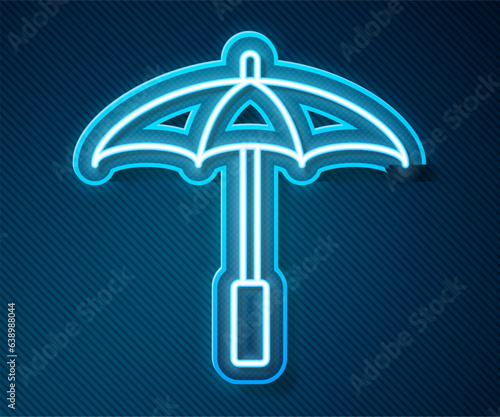 Glowing neon line Sun protective umbrella for beach icon isolated on blue background. Large parasol for outdoor space. Beach umbrella. Vector