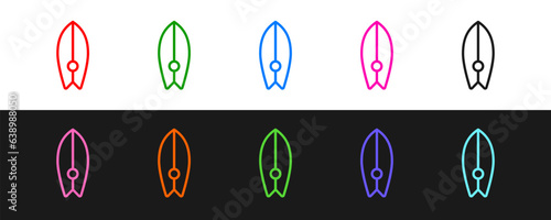Set line Surfboard icon isolated on black and white background. Surfing board. Extreme sport. Sport equipment. Vector