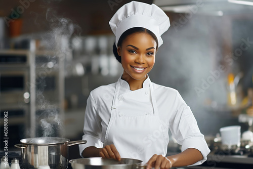 African american chef woman preparing food in a professional kitchen. 