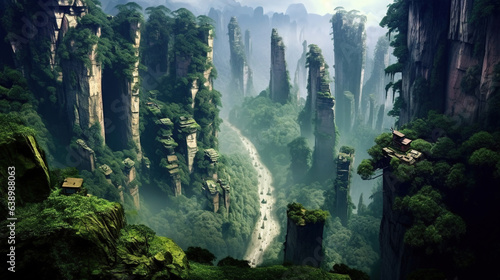 Aerial View of Misty Zhangjiajie Jiangnan Mountains Landscape AI Generative