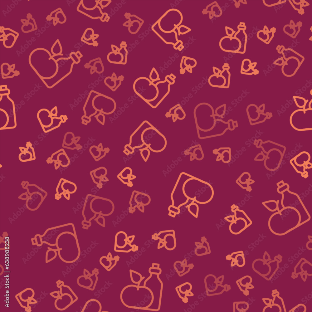 Brown line Apple cider vinegar in bottle icon isolated seamless pattern on red background. Vector Brown line Apple cider vinegar in bottle icon isolated seamless pattern on red background. Vector