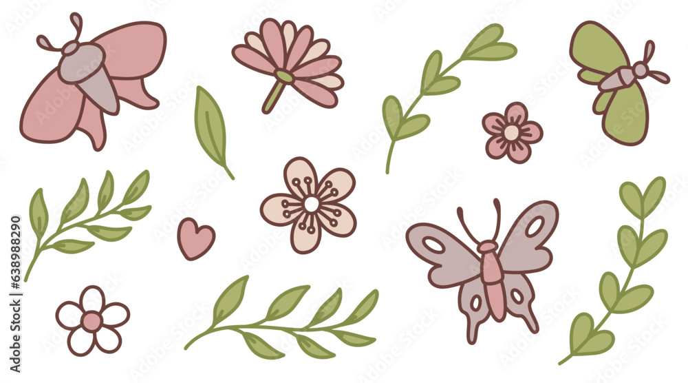 Retro groovy natural set with butterflies, leaves and flowers in 60s 70s style. Hippie style vector illustration in green and pink colors.
