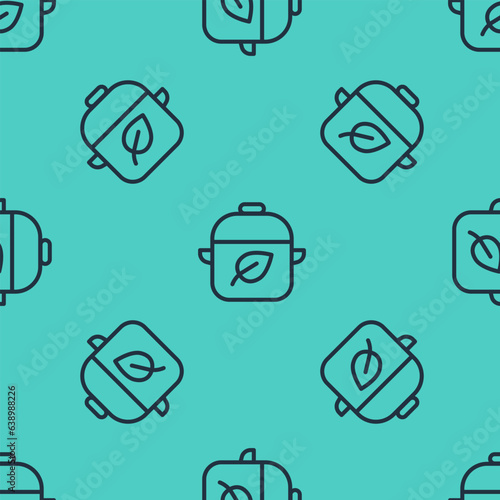 Black line Vegan food diet icon isolated seamless pattern on green background. Organic, bio, eco symbol. Vegan, no meat, lactose free, healthy, fresh and nonviolent food. Vector