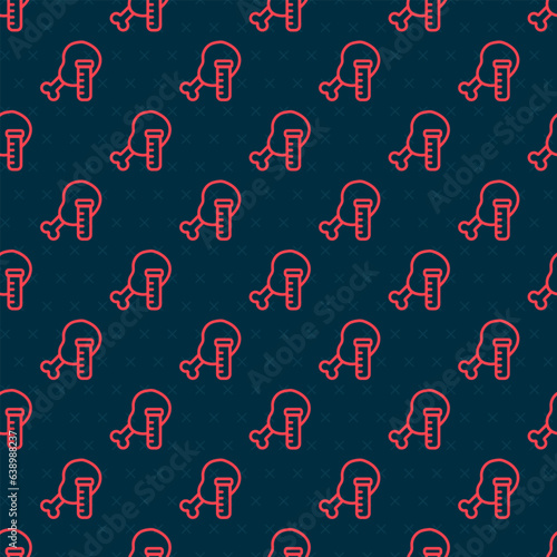Red line Genetically modified chicken icon isolated seamless pattern on black background. Syringe being injected to chicken. Vector