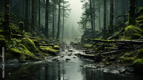 A Rainy and Misty Coniferous Forest with a Sideways Creek Spruces and Moss AI Generative