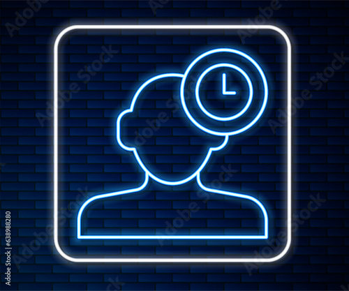 Glowing neon line Insomnia icon isolated on brick wall background. Sleep disorder with capillaries and pupils. Fatigue and stress. Vector