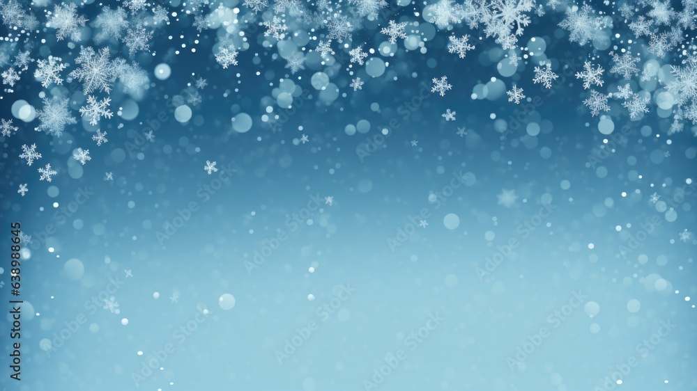 Light blue background with winter snowflakes in the sky, layout for new year wishes and celebration background with copy space for text