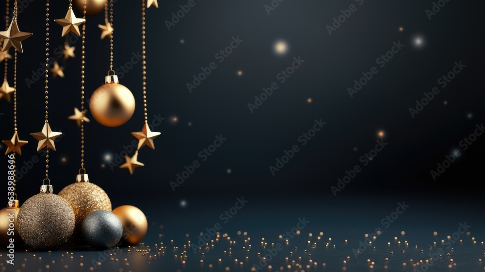 Golden baubles and golden stars decorations on a dark bokeh background, layout for new year wishes and celebration background with copy space for text Golden baubles and golden stars decorations on a dark bokeh background, layout for new year wishes and celebration background with copy space for text