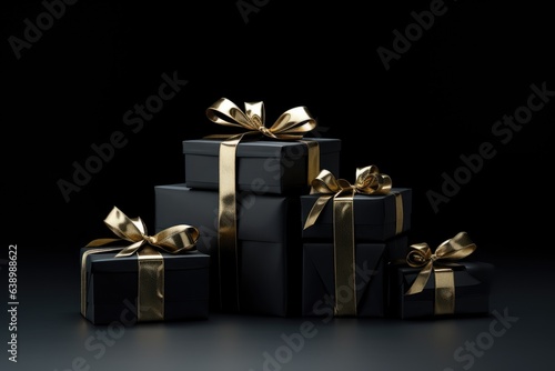 Black gift boxes with gold ribbons on a black background. Gift, New Year, Christmas, Black Friday