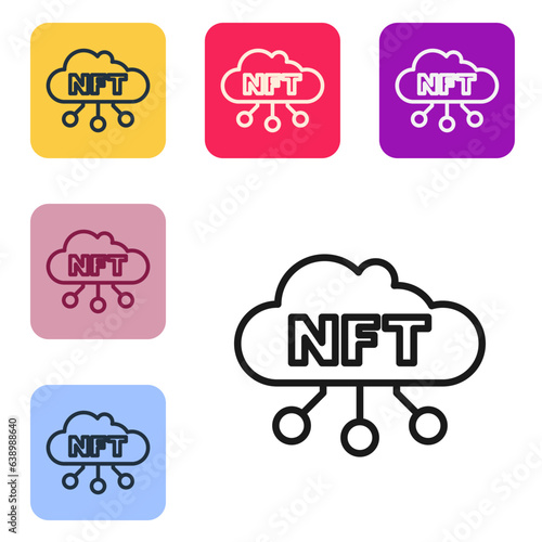 Black line NFT cloud icon isolated on white background. Non fungible token. Digital crypto art concept. Set icons in color square buttons. Vector