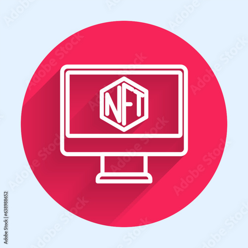 White line Monitor with art store app icon isolated with long shadow background. Technology of selling NFT tokens for cryptocurrency. Non fungible token concept. Red circle button. Vector