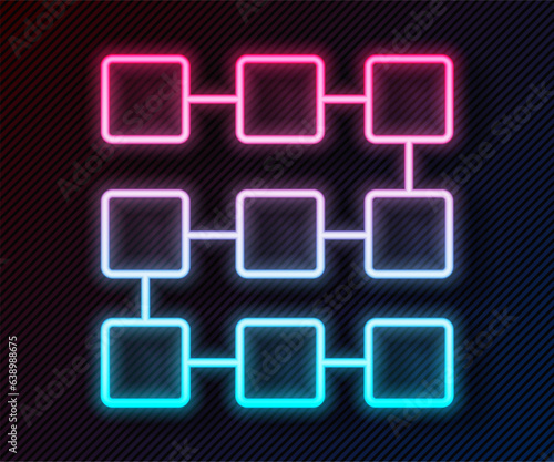 Glowing neon line NFT blockchain technology icon isolated on black background. Non fungible token. Digital crypto art concept. Vector