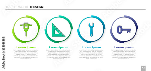 Set Electric rotary hammer drill, Triangular ruler, Wrench spanner and Old key. Business infographic template. Vector