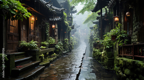 Zhangjiajie Jiangnan Misty Rain Stone Road in Jiangnan Village Houses AI Generative