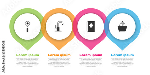 Set Spatula, Water tap, Cookbook and Citrus fruit juicer. Business infographic template. Vector