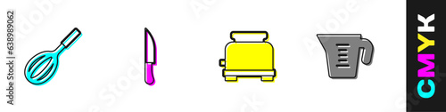 Set Kitchen whisk, Knife, Toaster and Measuring cup icon. Vector