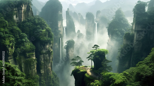 Aerial View of Misty Zhangjiajie Jiangnan Mountains Landscape AI Generative