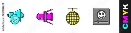 Set Speaker volume, Movie spotlight, Disco ball and Music player icon. Vector