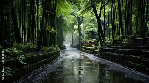 A Bamboo Forest With a Path in The Rain AI Generative