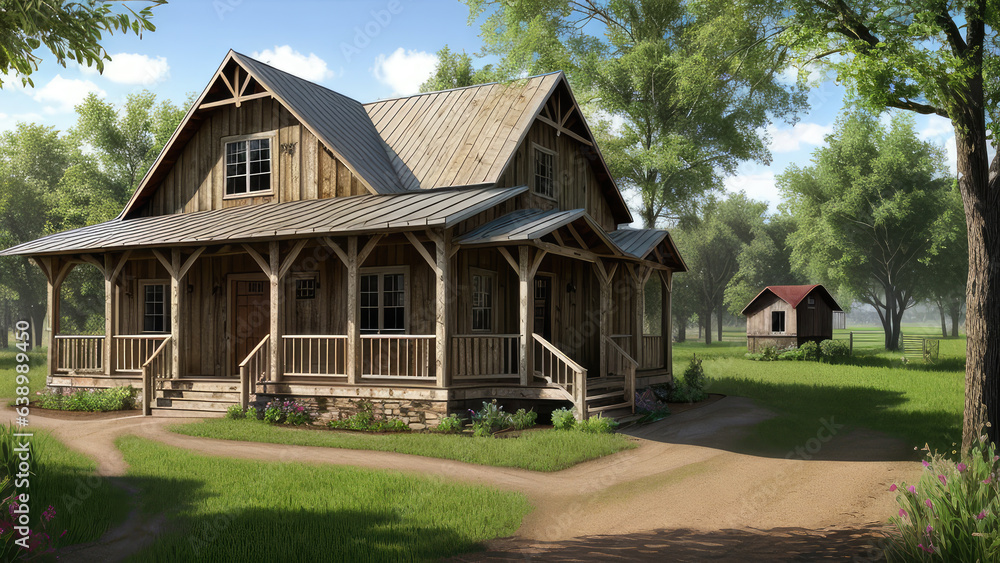 Rustic concept background of the photorealistic outdoor exterior wooden house display