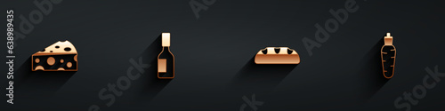 Set Cheese, Tabasco sauce, Bread loaf and Carrot icon with long shadow. Vector