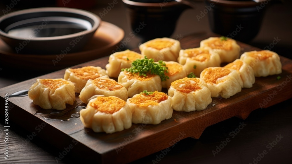 Japanese dumplings, pan-fried with crispy bottoms, arranged on a wooden tray with chopsticks and dipping sauce to the side Japanese dumplings, pan-fried with crispy bottoms, arranged on a wooden tray with chopsticks and dipping sauce to the side