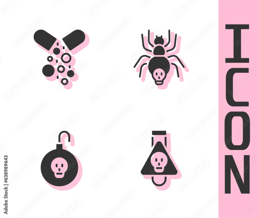 Set Bottle with potion, Poisoned pill, Nuclear bomb and Poisonous spider icon. Vector Set Bottle with potion, Poisoned pill, Nuclear bomb and Poisonous spider icon. Vector