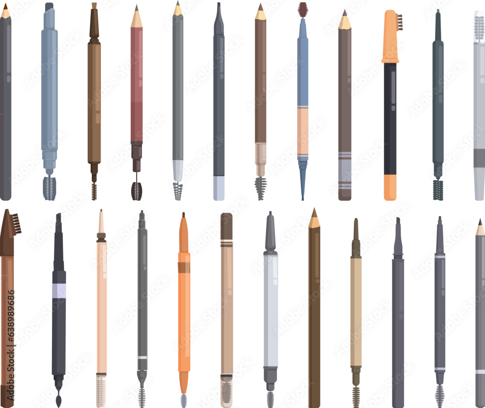 Brow Pencil icons set cartoon vector. Make spa. Cosmetic brush Brow Pencil icons set cartoon vector. Make spa. Cosmetic brush
