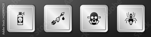 Set Spray against insects, Poison on the arrow, Gas mask and Poisonous spider icon. Silver square button. Vector