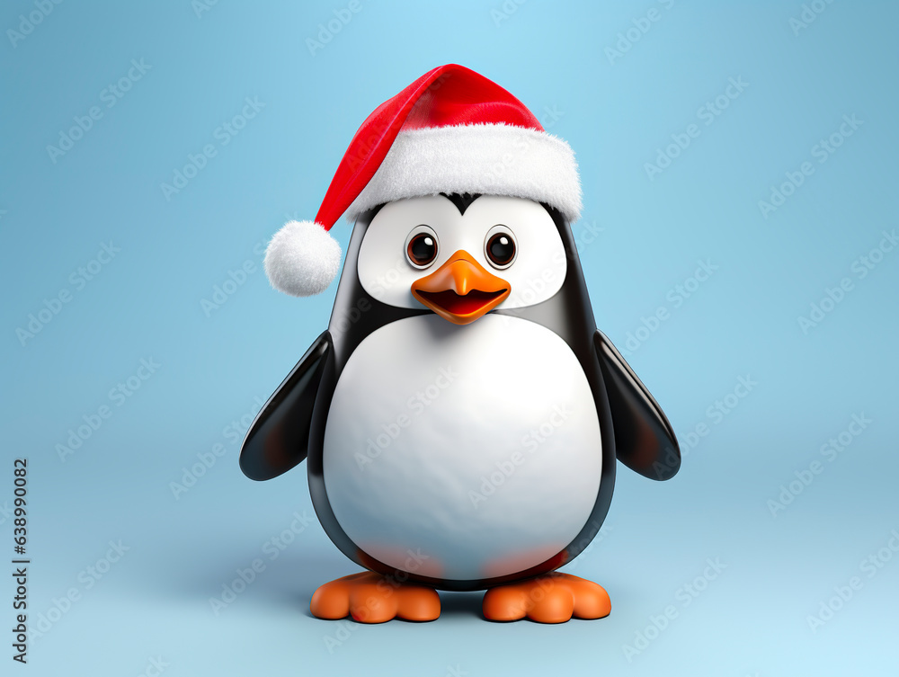 Obraz premium A penguin happily sports Santa outfits in a festive theme. Penguin experiencing Christmas joy. Christmas themed 3D penguin.