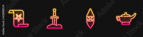 Set line Wizard warlock, Ancient magic book, Sword in the stone and Magic lamp Aladdin. Glowing neon icon. Vector