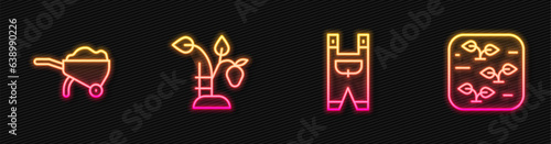 Set line Garden worker clothes, Wheelbarrow with dirt, Strawberry bush and Plant. Glowing neon icon. Vector