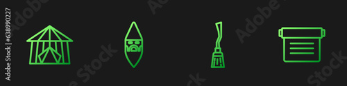 Set line Witches broom, Circus tent, Wizard warlock and Ancient magic book. Gradient color icons. Vector