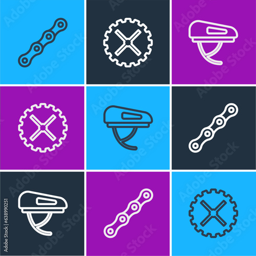Set line Bicycle chain, helmet and sprocket crank icon. Vector