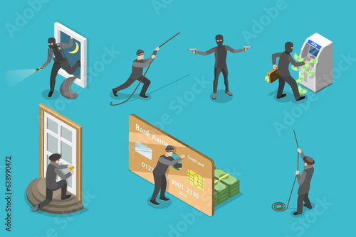 3D Isometric Flat Vector Set of Criminal Set, Thiefs and Burglars