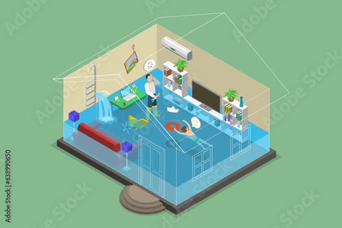 3D Isometric Flat Vector Conceptual Illustration of Flooded Room, Water Leak Problem © TarikVision