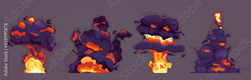 Explosion, detonation, bomb explosion, flame column, fire. Colorful set of explosions, blast wave, mushroom explosion, massive explosion, fireball. Visual effects, vfx. Vector cartoon illustration.