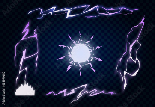 Lightning, ball lightning, light energy lightning phasers. A natural phenomenon. Colorful visual effects of lightning. Silhouette, pattern. Energy visual effects, set. Vector illustration