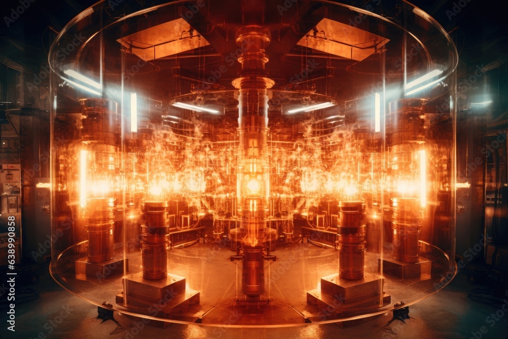 Obraz premium Theme of nuclear fusion. Large experimental setup in a laboratory with plasma being generated at high temperatures. Generative AI