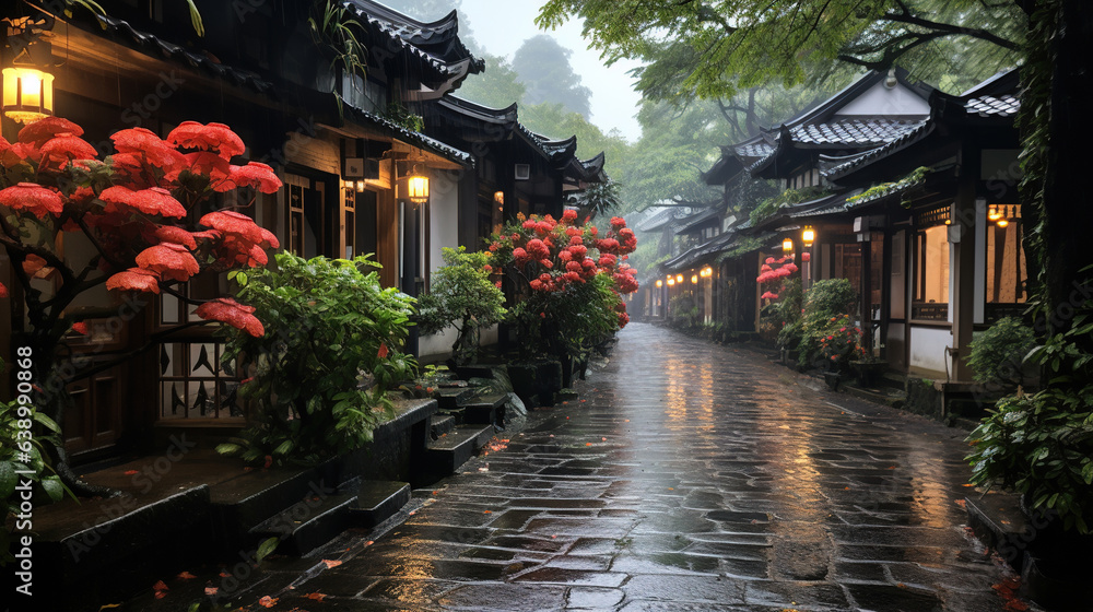 Zhangjiajie Jiangnan Misty Rain Stone Road in Jiangnan Village Houses AI Generative