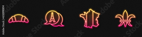 Set line Map of France, Croissant, Eiffel tower and Fleur De Lys. Glowing neon icon. Vector
