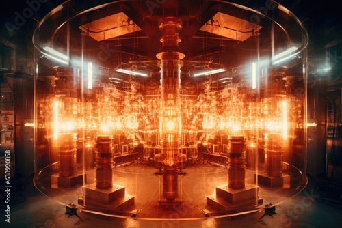 Theme of nuclear fusion. Large experimental setup in a laboratory with plasma being generated at high temperatures. Generative AI © YouraPechkin