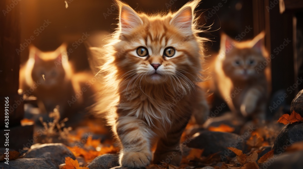 Cute ginger kitten with orange eyes on the background of autumn leaves